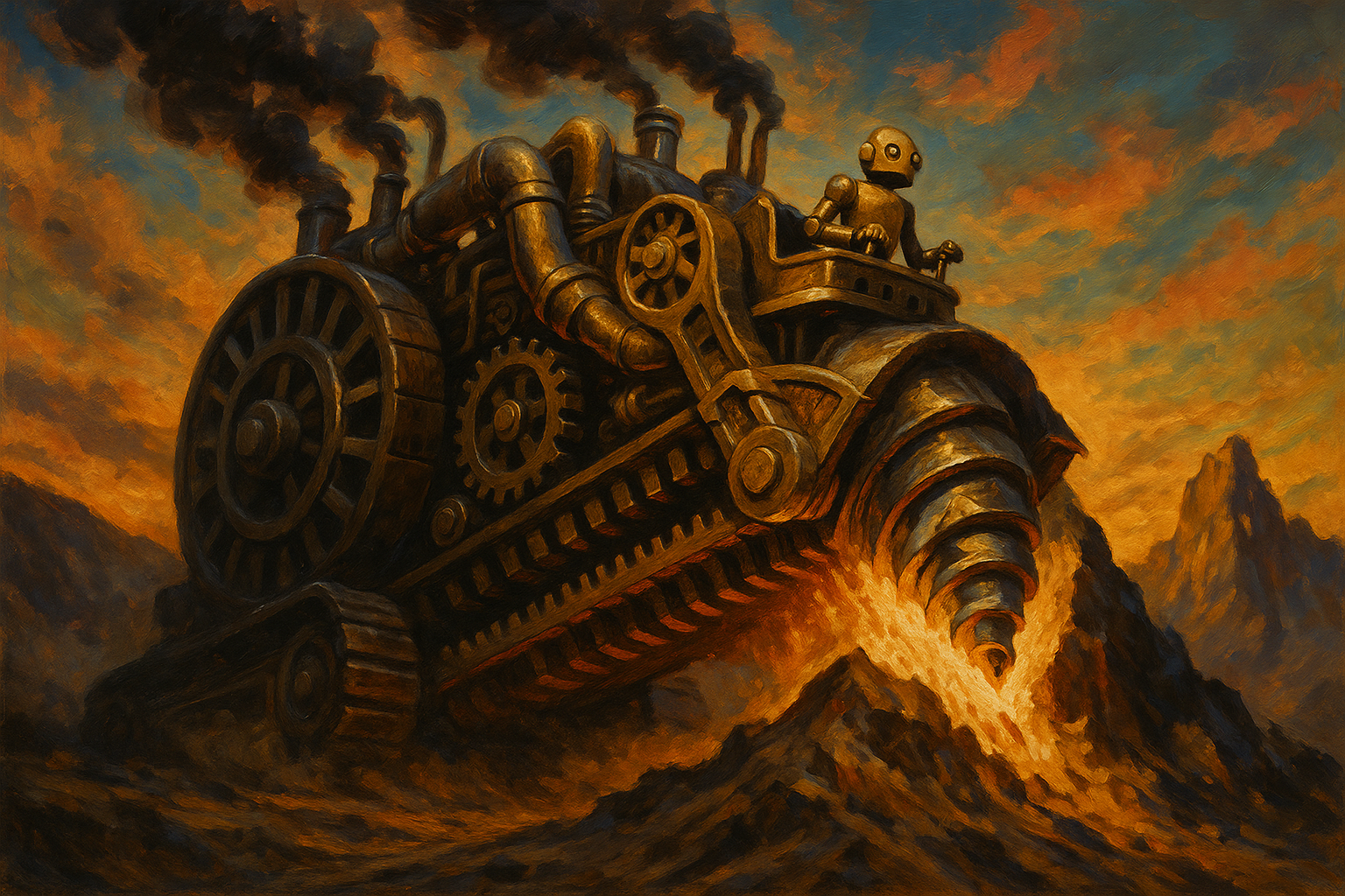 A tiny robot commanding a mountain-eating machine