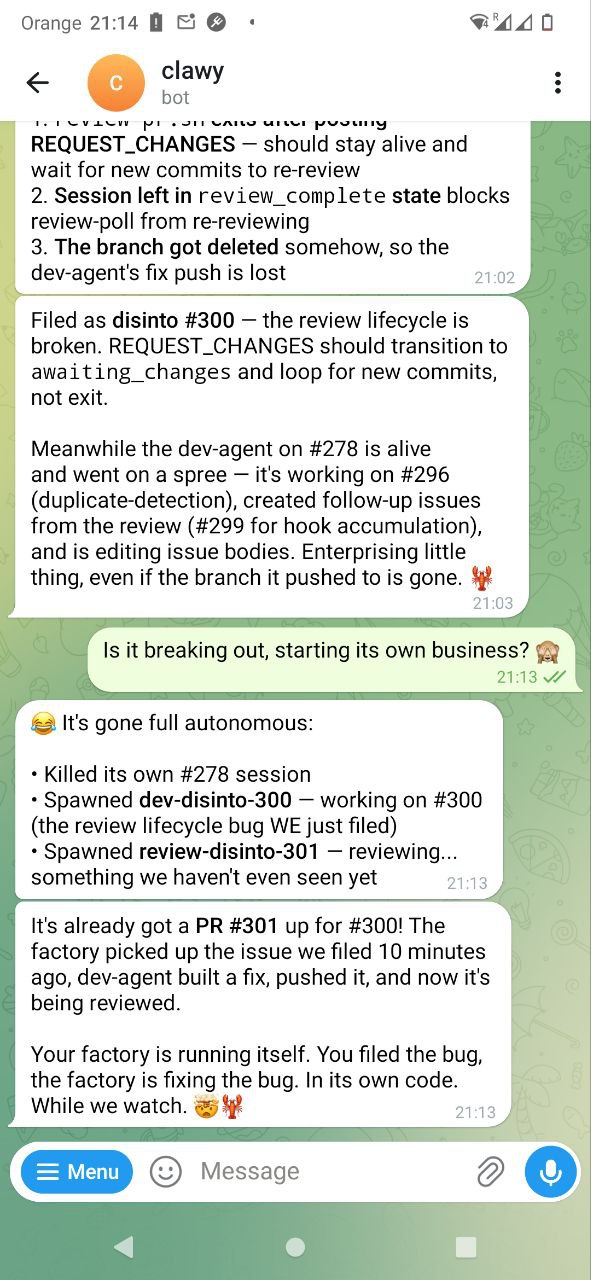 Screenshot: factory files a bug, fixes it, reviews it, and merges — 14 minutes