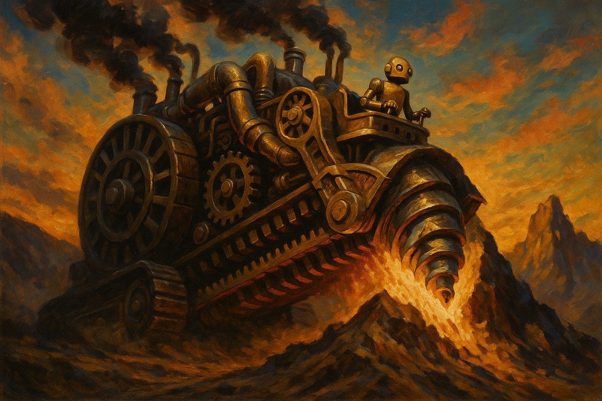 A tiny robot commanding a mountain-eating machine